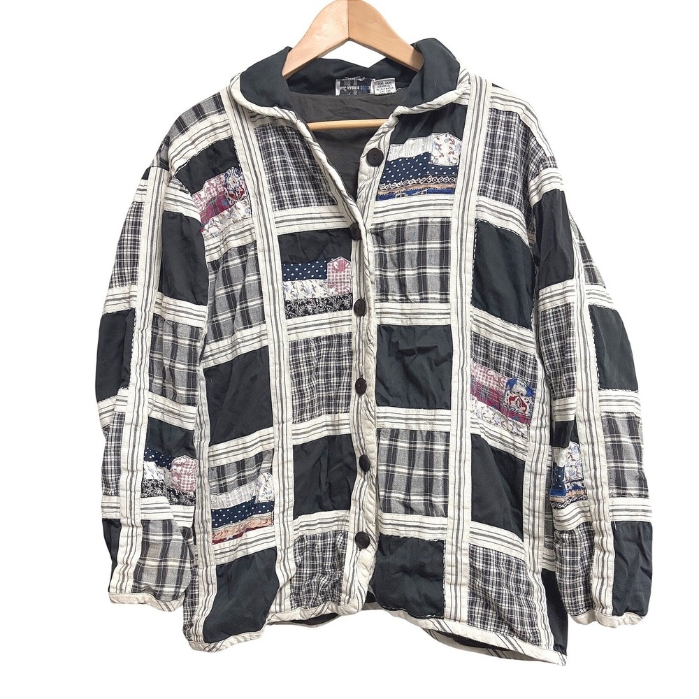 Paul Harris Patchwork Quilt Jacket Design Boho Black Plaid Cotton Vintage M